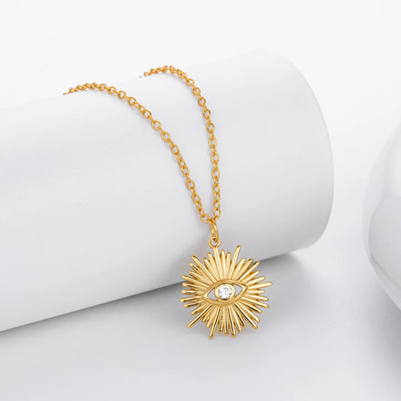 Retro Eye of the Sun Fine Women Jewelry Zircon 18K Gold 925 Sterling Silver Pendant Necklace