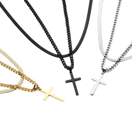 Hip Hop Accessories Gold Plated Waterproof Titanium Steel Double Layer Cross Necklace