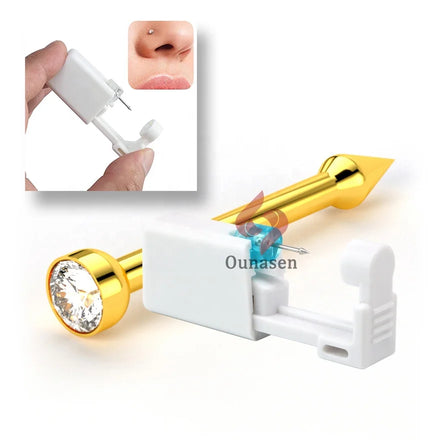 Disposable Golden Self Nose Piercing Gun Kit with Built-in Golden Clear Crystal Nose Studs 2mm Piercer