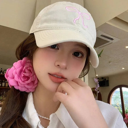 Bow Embroidered Baseball Cap Low Profile Washed Cotton Sun Hat