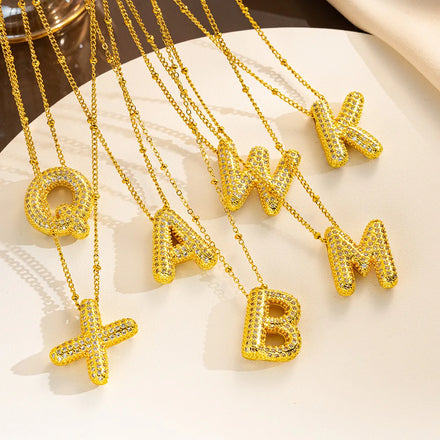 SC Popular Vintage Diamond Zirconia Chunky Name Necklace Trendy Bubble Letter Alphabet Pendant Necklace Balloon Initial Necklace