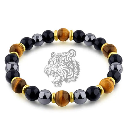 Men's Triple Protection Tiger Eye Healing Fashion Jewelry Bangle Elastic Crystal Gemstone Black Obsidian Hematite Magnetic
