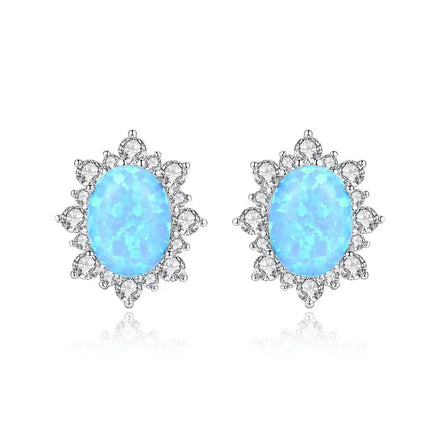 Vintage Inspired 925 Sterling Silver Blue Opal Stud Earrings Halo Zircon Accents Elegant Floral Gemstone Jewelry Women