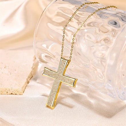 Women Vintage Jewelry 18K Gold Plated Stainless Steel Cross Pendant Necklace Iced-out Chunky Necklace