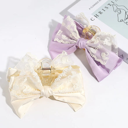 Fashion Women Double Layer Bow Hair Claw Clips Satin Padded Floral Printed Sweet Claw Clip Ribbon Bow Hair Accessories for Girls