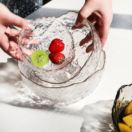 Hammer Pattern Crystal Glass Tableware Transparent Kitchen Irregular Salad Bowl Fruit Plate Snack Dessert Bowls With Gold Rim