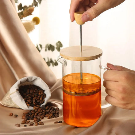 Wholesale 350ml Heat Resistance Coffees Pot French Press Hand Blowing French Coffee Press With Wooden Cover