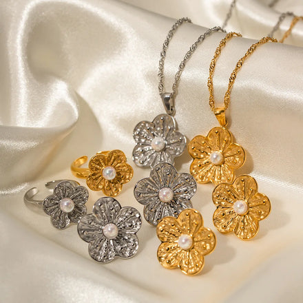 Tarnish Resistant Jewels Waterproof Stainless Steel Jewelry Set Flower Stud Earrings 18k Gold Flora Statement Earring for Women