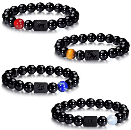 MANCHAO Handmade Men's 12 Zodiac Beads Bracelet Fashion Jewelry with Natural Agate Stone Elegant Handcrafted Style Bangles
