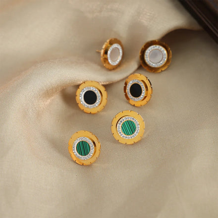 Fashionable Commuter Jewelry Cubic Zirconia Round White Shell Turquoise Stud Earrings Stainless Steel Gold Plated Earrings