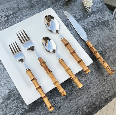 5 Piece Natural Real Bamboo Handle Stainless Steel 18/10 Food Grade Party Cutlery Set Flatware
