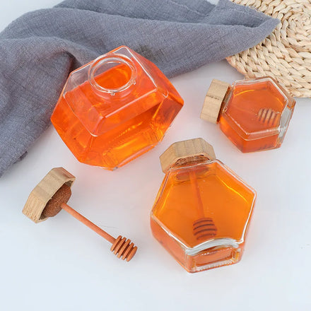 Wholesale 150g 300g 500g Empty Clear Honeycomb Glass Honey Jars With Wooden Lid Spoon and Dipper