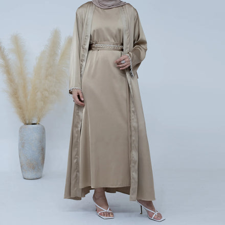 Luxury Dubai Muslim Dress Party Wearing Women Abaya 2 Piece With Diamonds Belt Boutique Women Open Abaya