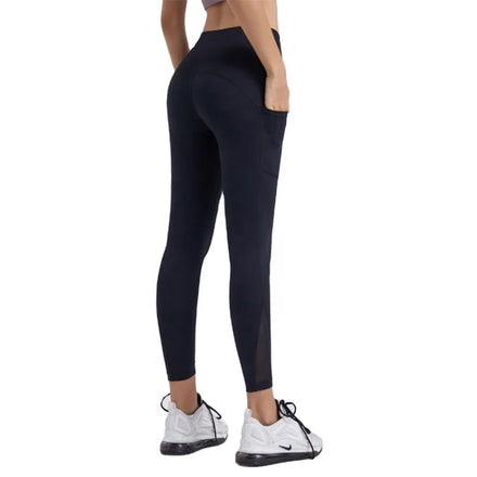 Lanyu High Waist Ankle-Length Plaid Mesh Splicing Yoga Leggings for Women Pocket Eco-Friendly Plus Size Gym Fitness Workout