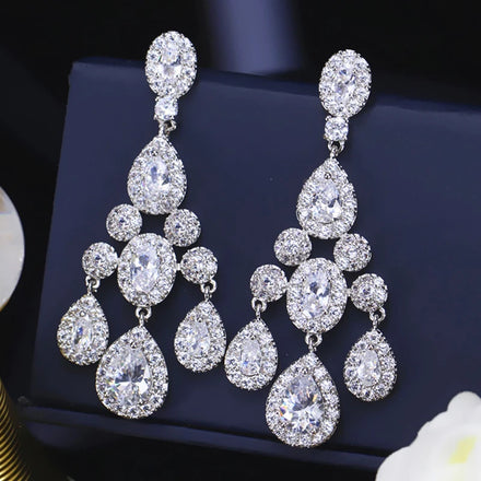 Rhodium Plated White Zirconia Dinner Earrings Drop Earrings for Women Bridal Wedding Zircon Long Earrings for Women Jewelry