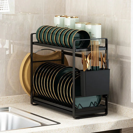 Narrow Carbon Steel Dish and Bowl Storage Rack with Sink Drain Holder Non-Folding Single Tier for Kitchen Tableware