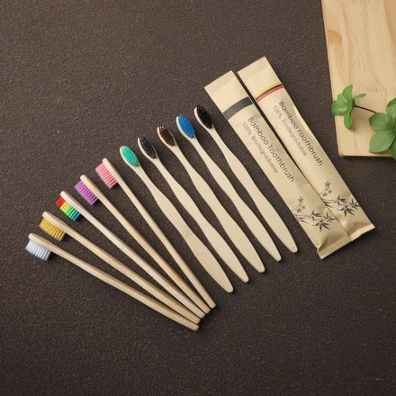 Custom Logo Eco-Friendly Bamboo Toothbrush Set 10 Pack Soft Charcoal Nylon Bristles Ergonomic Handle Paper Packaging