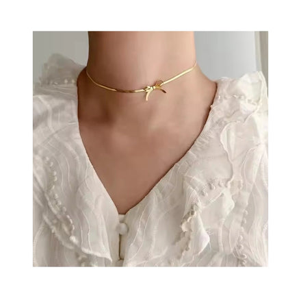 Dainty Bow Tassel Long Earrings 18K Gold Plated Stainless Steel Snake Chain Bowknot Choker Necklace for Women