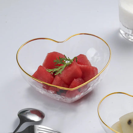 Love Heart Shape Dessert Cake Snack Charge Plate Glass Tableware Kitchen Glass Fruit Salad Bowl With Gold Rim