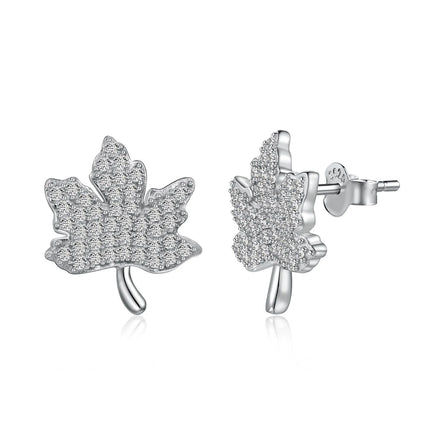 Dylam New Arrival Sterling Silver Hypoallergenic Non Tarnish Rhodium Plated 5A Zirconia French Maple Leaf Shape Stud Earrings