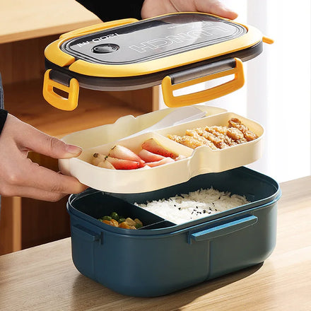 1200ml 2 Layers Cute BPA Free Portable Microwave Safe Plastic School Kid Lunch Box with Fork Spoon for Newborn