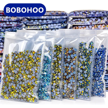BOBOHOO 2088 Round Flatback Rhinestones 16 Cuts Hot Fix Glass Glue Bottom Available in AB Colors for Nail Art Bags Bra Chain