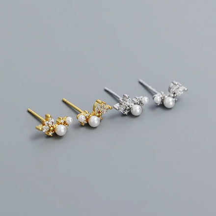 2024 New 925 Sterling Silver Minimalist Shinny Zircon Pearl Charm Stud Earrings for Women