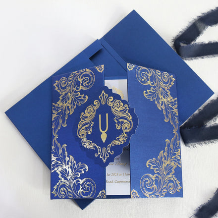 Luxury DIY Folio Navy Blue Gold Foil Printing Paper Hardcover Invitation With Handmade Blank Envelopes