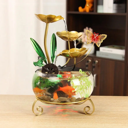 Indoor Mini Tabletop Fountain Metal Lotus Circulating Water Fountain Water Feature with Fish Tank for Zen Home Decor