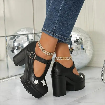 Wholesale Custom Women Ankle Strap Summer Shoes Star T Shape Waterproof Height Increasing Square Thick Heels Comfort