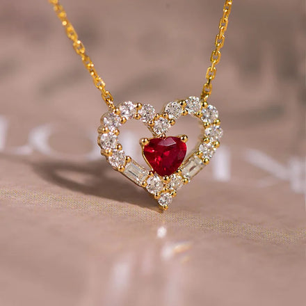 Hot Sale Vintage Pure 925 Sterling Silver Thin Chain Red Zircon Heart Pendant Necklace for Women Girls Jewelry