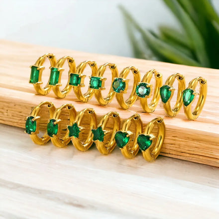 Waterproof Womens Emerald Gemstones Green Zirconia Star Earrings Round Heart Small Hoop Gold Plated Huggies Earrings Jewelry
