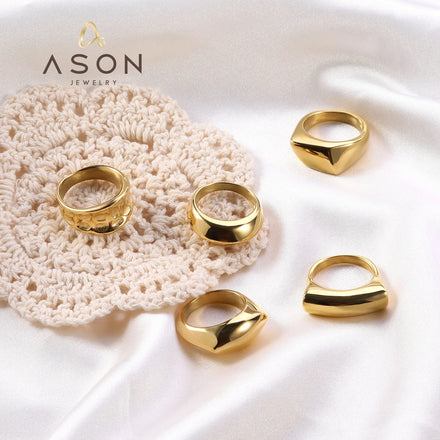 Ason Wholesale Fashion Jewelry Multi Sizes Couple Rings 18k Gold Plated Stainless Steel Thick Glossy Dome Chunky Rings for Women