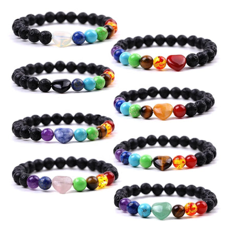 Natural Gemstone Yoga Essential Black Volcanic Lava Rock Stone Elastic Tiger Eye Peach Heart Chakra Bracelet
