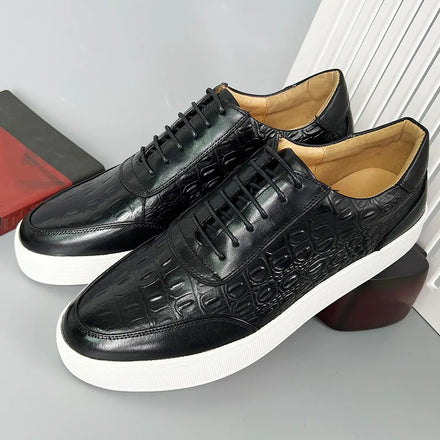 Genuine Cow Leather Alligator Pattern Men's Casual Shoes Comfortable Lace-Up Closure Big Size for Spring Autumn Winter Use