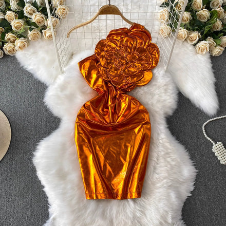 M-2xl Elegant Waist Cinching Dress Heavy Industry 3D Flower Hanging Neck Dress Hip Hugging min Dress