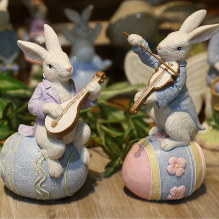 Christmas Resin Rabbit Playing Violin Lute Sitting Egg 3D Sculpture Handmade Lifelike Hand-painted Customizable Garden