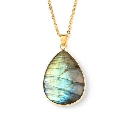 Wholesale Natural Stone Blue Flash Labradorite Teardrop Pendant 18k Gold Chain Water Drop Shaped Gemstone Necklace Jewelry