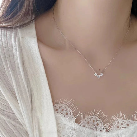 Trendy Chill Fashion Pure 925 Sterling Silver Thin Chain Zircon 3 Stars Pendant Necklace for Women Girls Jewelry