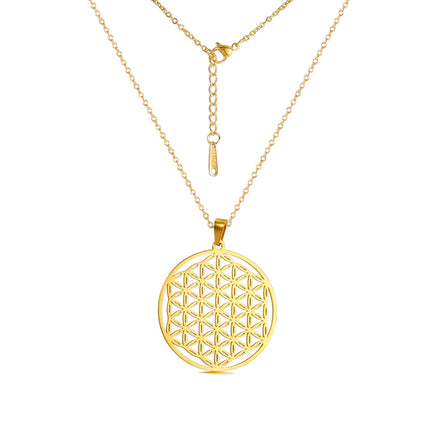 Hollow Flower Round Pendant Necklace Vintage Design Neck Chain Stainless Steel Jewelry Gift