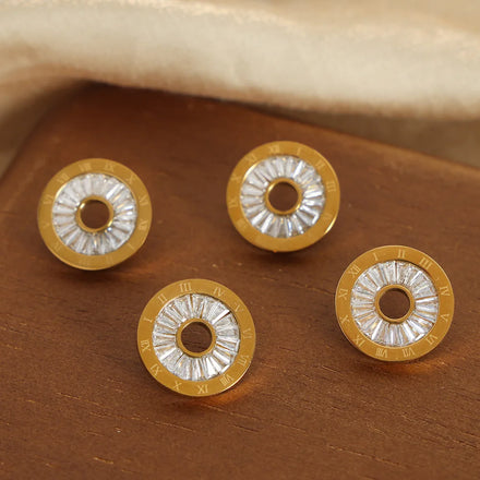 Fashionable Roman Numerals Cubic Zirconia Round Hollow Out Stud Earring Stainless Steel Gold Plated Earrings Boucles Doreilles