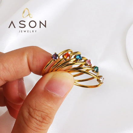 Ason Hot Selling Fashion Jewelry Ring Simple Design Stainless Steel 18k Gold Plated Color Cubic Zircon Wedding Rings for Women