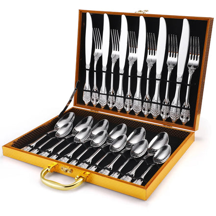 Metal Luxury Style Flatware 24 Piece Silverware Set 24pcs Royal Spoon and Fork Set Stainless Steel Gold Cutlery Set for Wedding