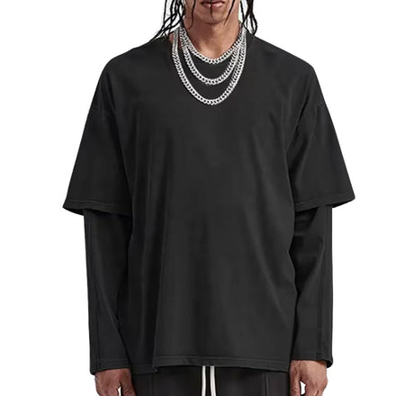 Unisex 2-In-1 Cotton T Shirt Custom Double Layer Blank Design Knitted Crew Neck Tee Long Sleeve T Shirt