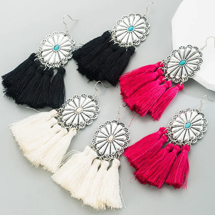 2024 Newest Boho Style Tassel Earrings Engrave Geometric Turquoise Earrings for Gift