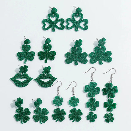 Simple Geometric Cut Jewelry Earrings Green Four-leaf Clover Lucky Accessory Glitter Hollow Exaggerated Lip Resin Long Earrings