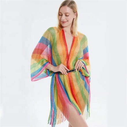 New 2024 Summer Sexy rainbow Bikini Polyester Cover up Dress Swim Bathing Suit Beach Wear for Lady