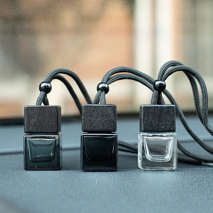 8ml Mini Empty Clear Black Square Car Perfume Glass Bottle With Square Black Wood Hanging Cap for Car Diffuser With String
