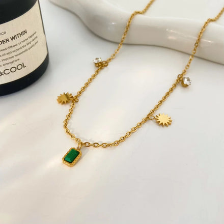 New Stainless Steel Gold-plated square Emerald Set With Zircon Pendant Necklace Joyas De Acero Inoxidable Waterproof Necklace