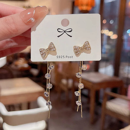 Exquisite Long Tassel Crystal Earrings Ins Fashionable Diamond-encrusted Bow Earrings